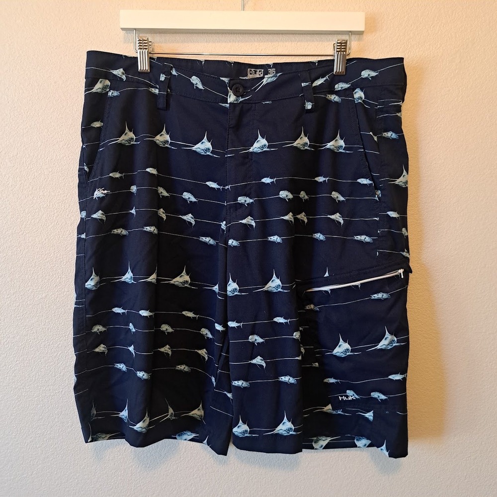 Huk Mens Blue Billfish Tuna Print Performance Fishing Shorts Size 36